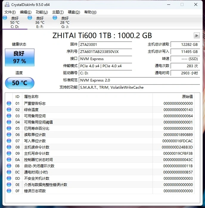 硬盘状态检测器 CrystalDiskInfo v9.5.0 绿色版